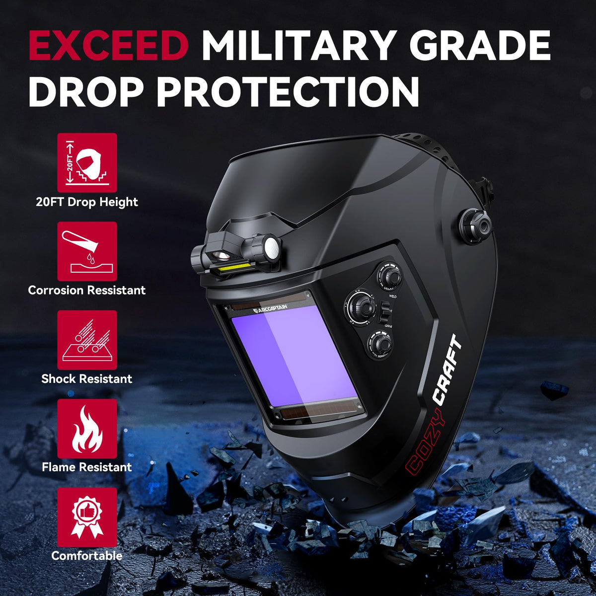 ARCCAPTAIN 55A Plasma Cutter, Non-Touch Pilot Arc High-Frequency Plasma Cutting Machine + ARCCAPTAIN Large View 3.94" x 3.66" True Color Auto Darkening Welding Helmet with Light