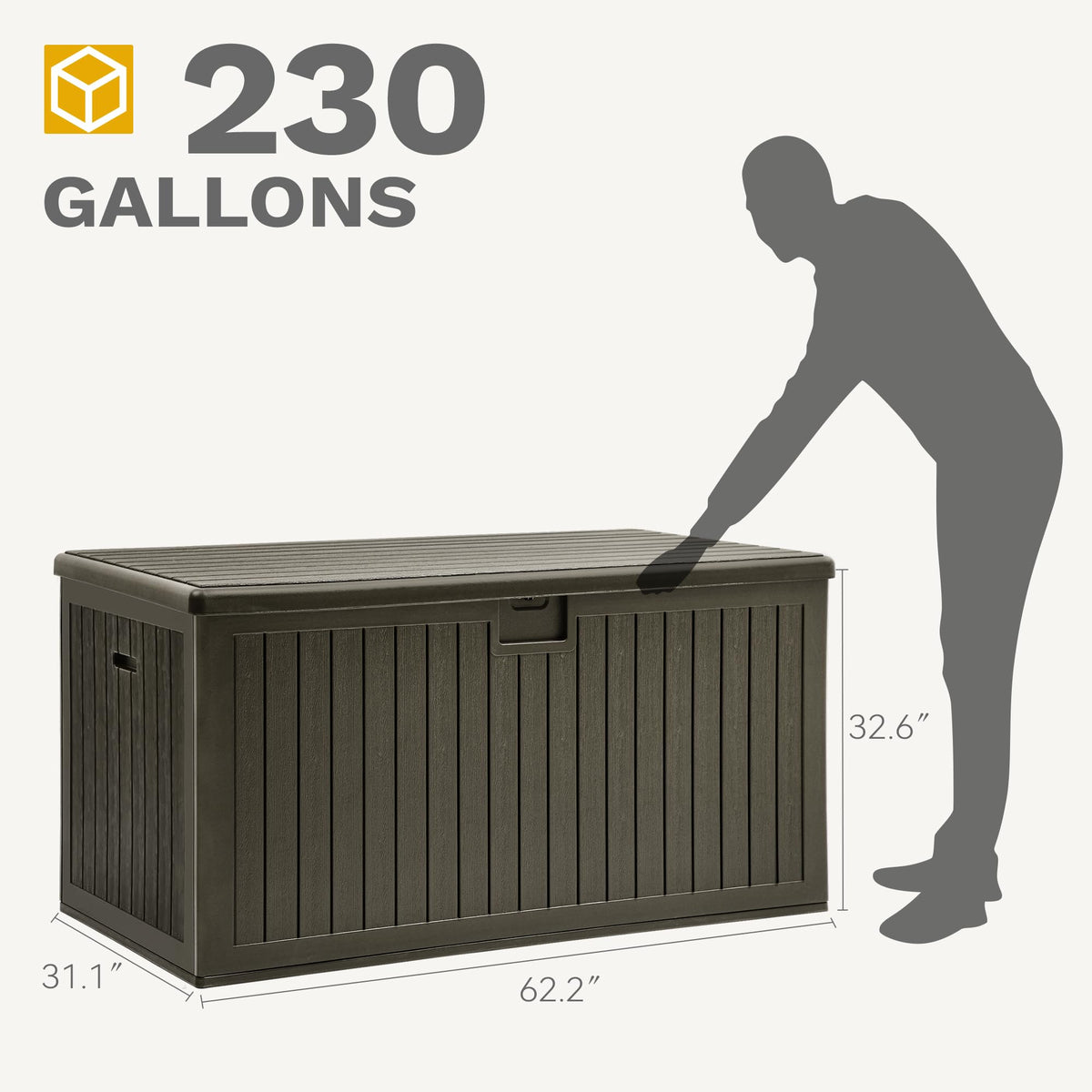 DWVO 230 Gallon Resin Outdoor Storage Box, XXL Double-Wall Waterproof Deck Box with Divider, Doubles as Table or Seating with 1000 lbs Capacity, Lockable (Light Brown)