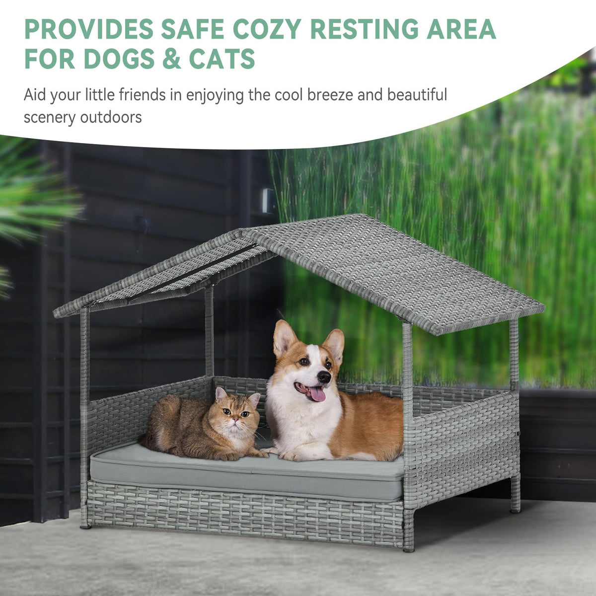 Lyromix Wicker Dog House with Canopy, 32" Outdoor Elevated Rattan Dog Bed with Water-Resistant Soft Cushion, Large Outside Raised Dog Shelter for Small, Medium Dogs, Gray