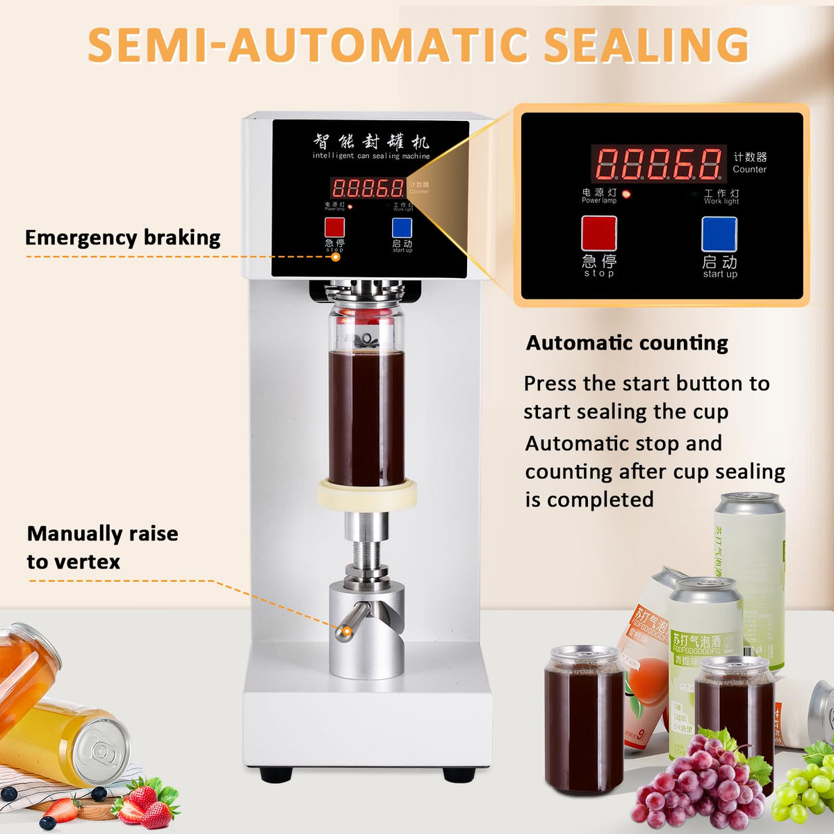 JIAWANSHUN 180W Commercial Soda Can Sealer with LCD Counter, 4.5"-6.7" Height Adjustable Seaming Machine for Soda/Aluminum/Tin Cans, 2.2" Diameter Plastic Can Sealer