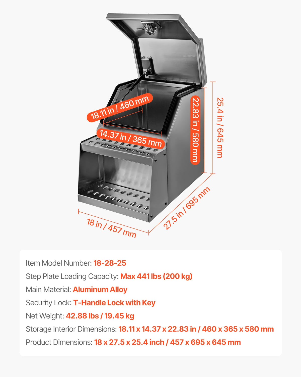 VEVOR Semi-Truck Step Tool Box, 18" x 27.5" x 25.4" Heavy Duty Aluminum Toolbox Side Mount, Waterproof Side Storage Saddle Step Box with T-Handle Lock & Keys for Semi Trucks, Flatbed Trailers