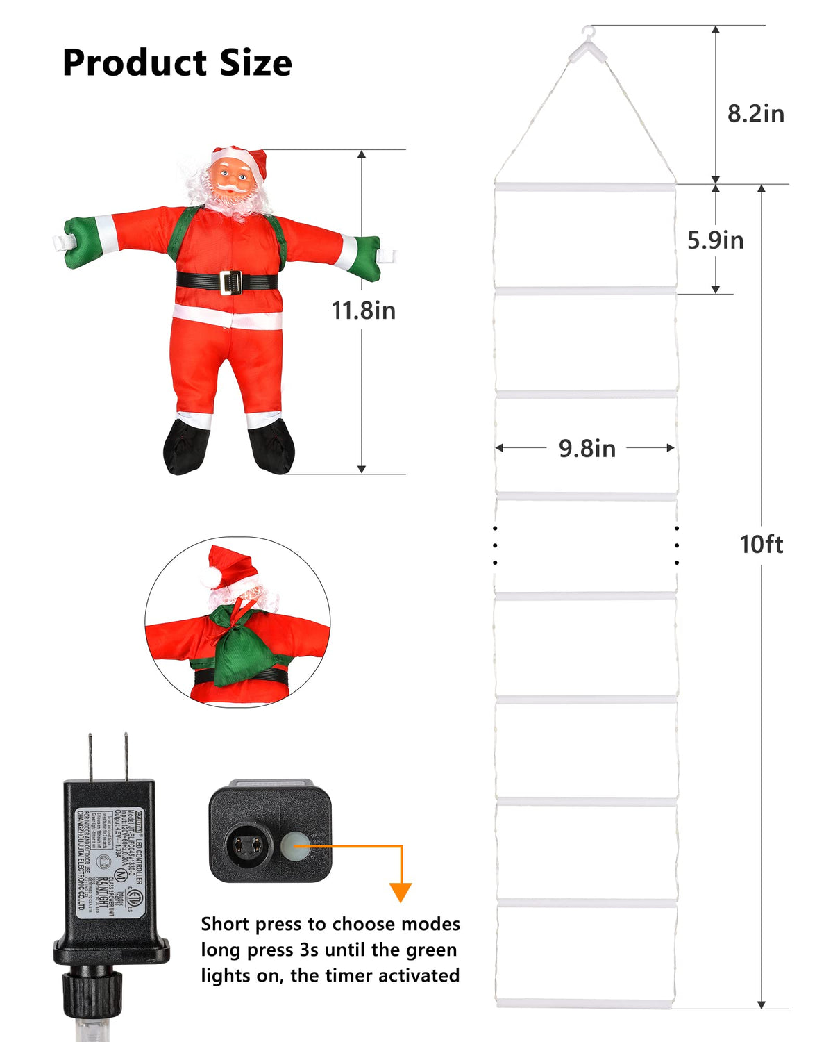 Toodour LED Christmas Lights - 10ft Christmas Decorative Ladder Lights with Santa Claus, Xmas Decorations Light for Indoor Outdoor, Window, Garden, Home, Wall, Xmas Tree Decor - Warm White