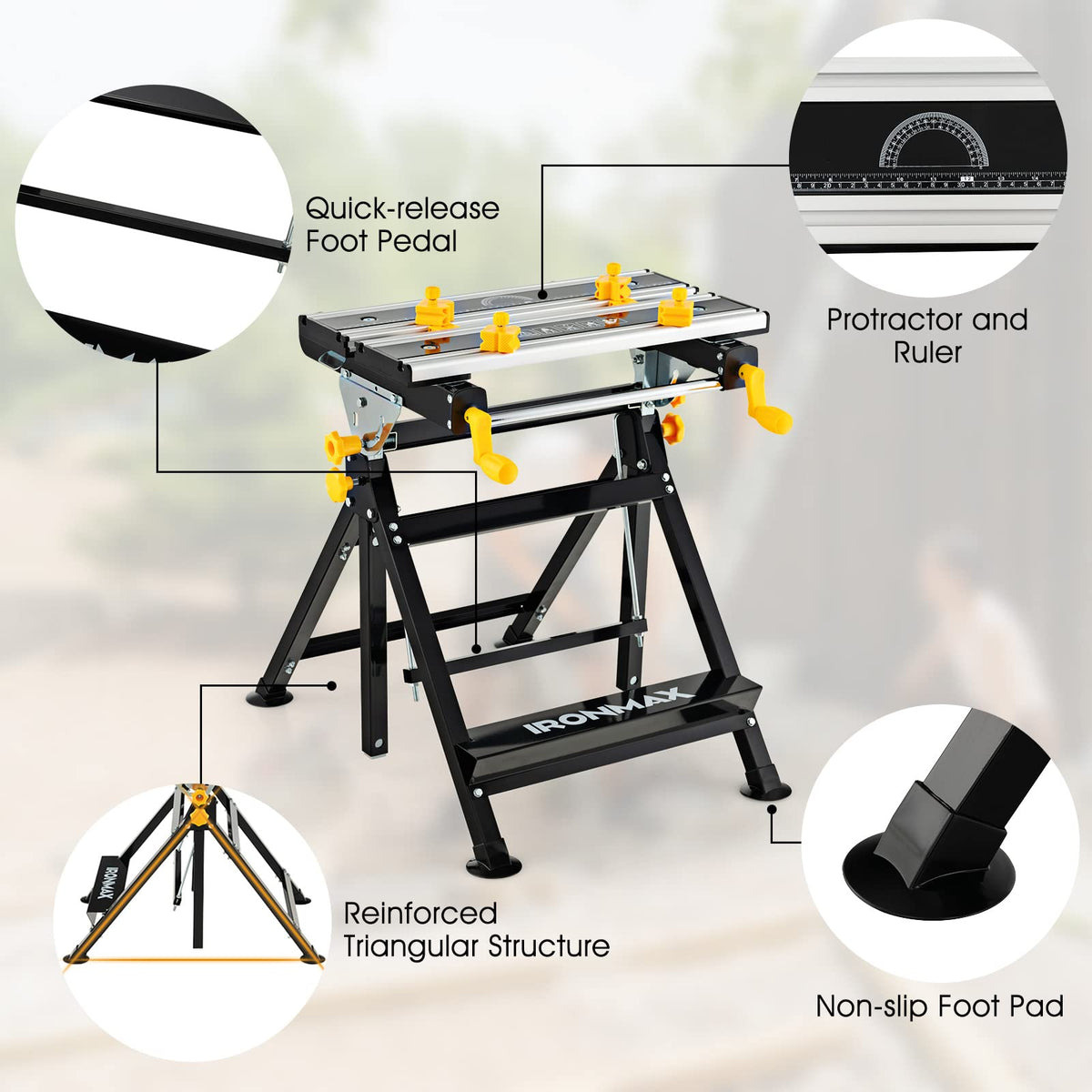 Toolsempire Portable Workbench, Folding Work Bench and Vise with 2 Rotary Handles, 7-Level Adjustable Height, 8 Sliding Clamps, Tiltable & Extendable Tabletop, Workbench Table for Garage, Workshop