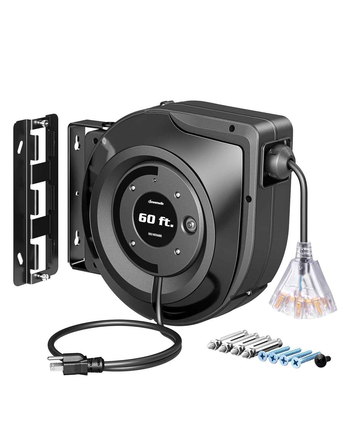 DEWENWILS Retractable Extension Cord Reel, 60FT Retractable Cord Reel, 12AWG/3C SJTOW, Lighted Triple Tap Outlets, 15A Circuit Breaker, Wall/Ceiling Mounted Heavy Duty Power Cord