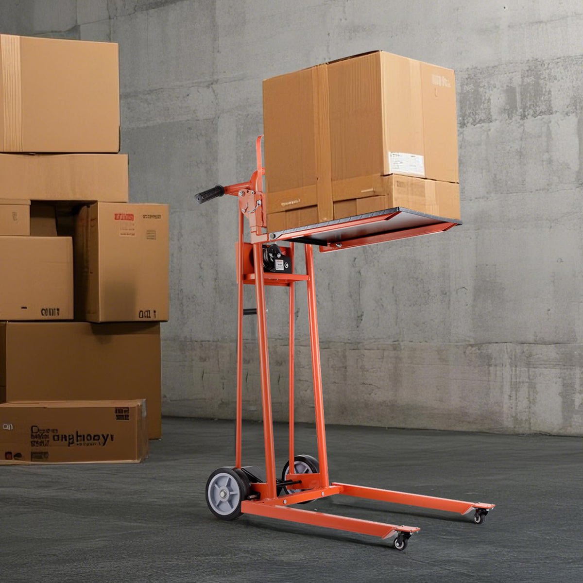 VEVOR Material Lift Winch Stacker, 330lbs Capacity Pallet Truck Dolly, 42.9in Max Lifting Height Manual Winch Stacker, Multifunctional Manual Pallet Truck Stacker with Swivel Casters and Lift Plate