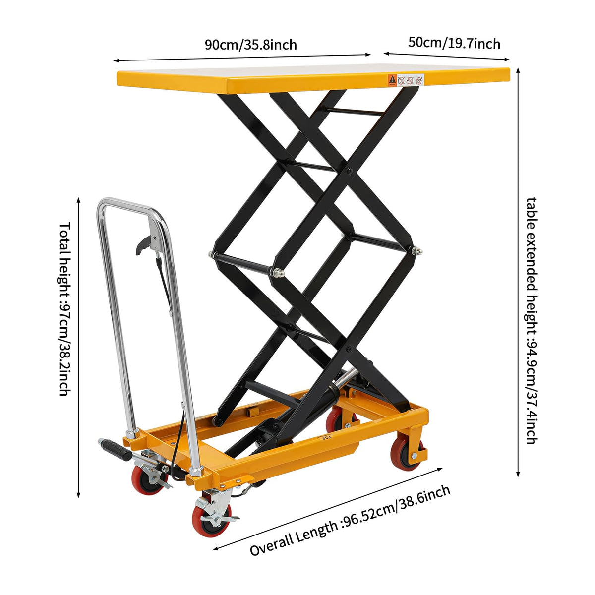 Hydraulic Lift Table Cart 770LBS Capacity Single Scissor 30.5" Lifting Height with 4 Wheels and Non-Slip Pad for Material Handling Transportation, Yellow