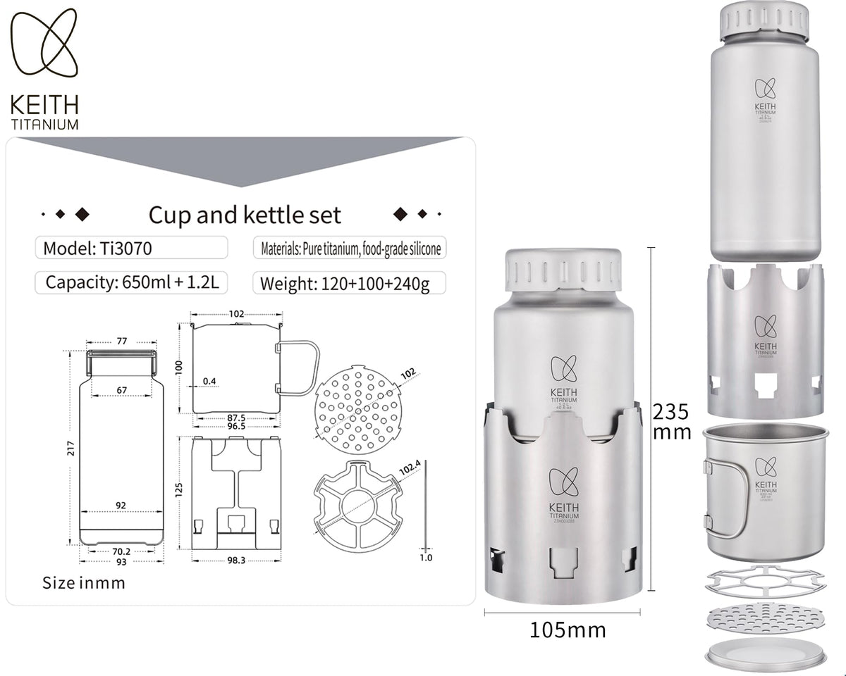Keith Titanium Ti3070 Nesting Camp Set - Ultralight Plastic-Free Titanium Bottle, Mug & Wood Stove with Canvas Carry Bag - Durable, Portable, and Eco-Friendly for Camping, Hiking & Outdoor Adventures