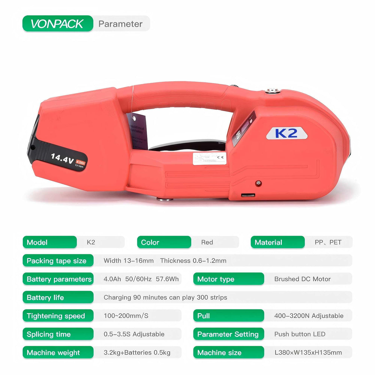 VONPACK Electric Strapping Machine with Digital Display Screen, Strapping Tool for Width 1/2-2/3 inch 1X4000mAh Battery Handheld Banding Tool for PP PET Packaging Machine for Carton Pallet Wood