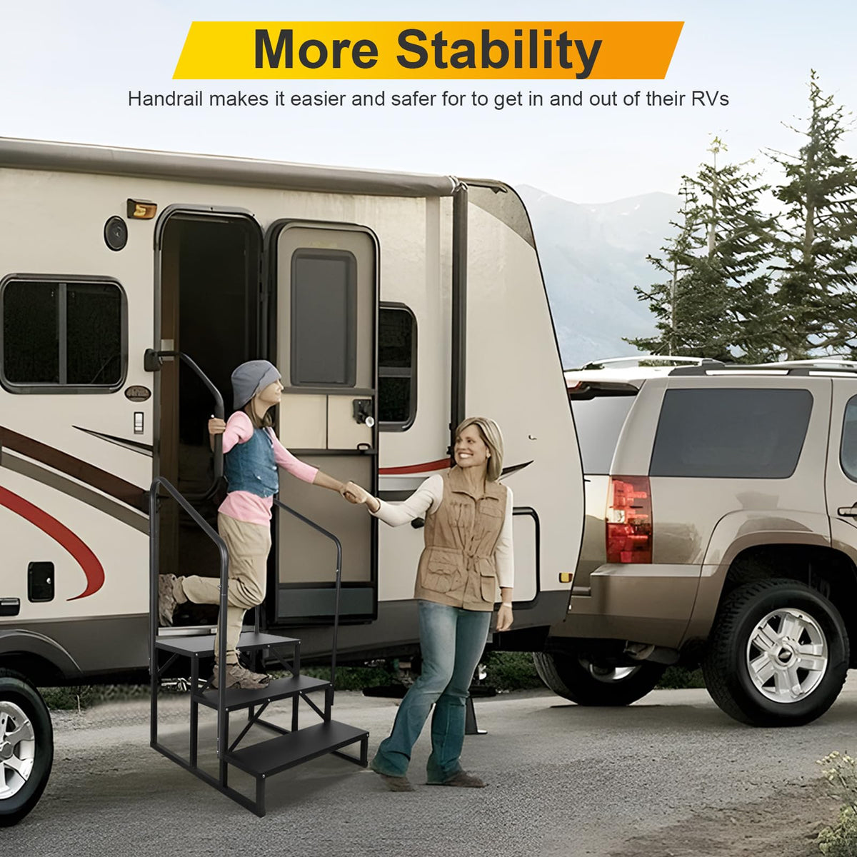 TOCRETOARE RV Steps with Handrail, Hot Tub Steps with Handrail, Portable Stairs Steps for 5th Wheel RV, Mobile Home Stairs Outdoor RV Step (3 Steps with 2 Handrails)