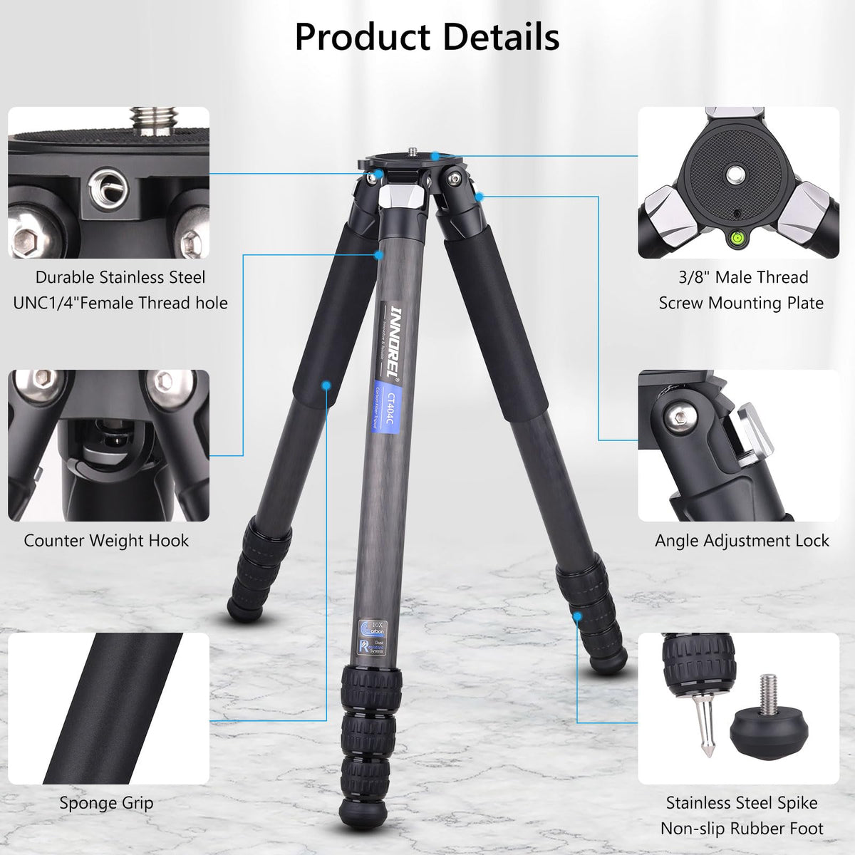 Compact Carbon Fiber Tripod – Heavy Duty 40mm Leg Tubes, Max Height 63.6in/162cm, Stable and Lightweight Travel Stand for DSLR, Video Cameras, Max Load 40kg, Portable for Photography Video Shooting