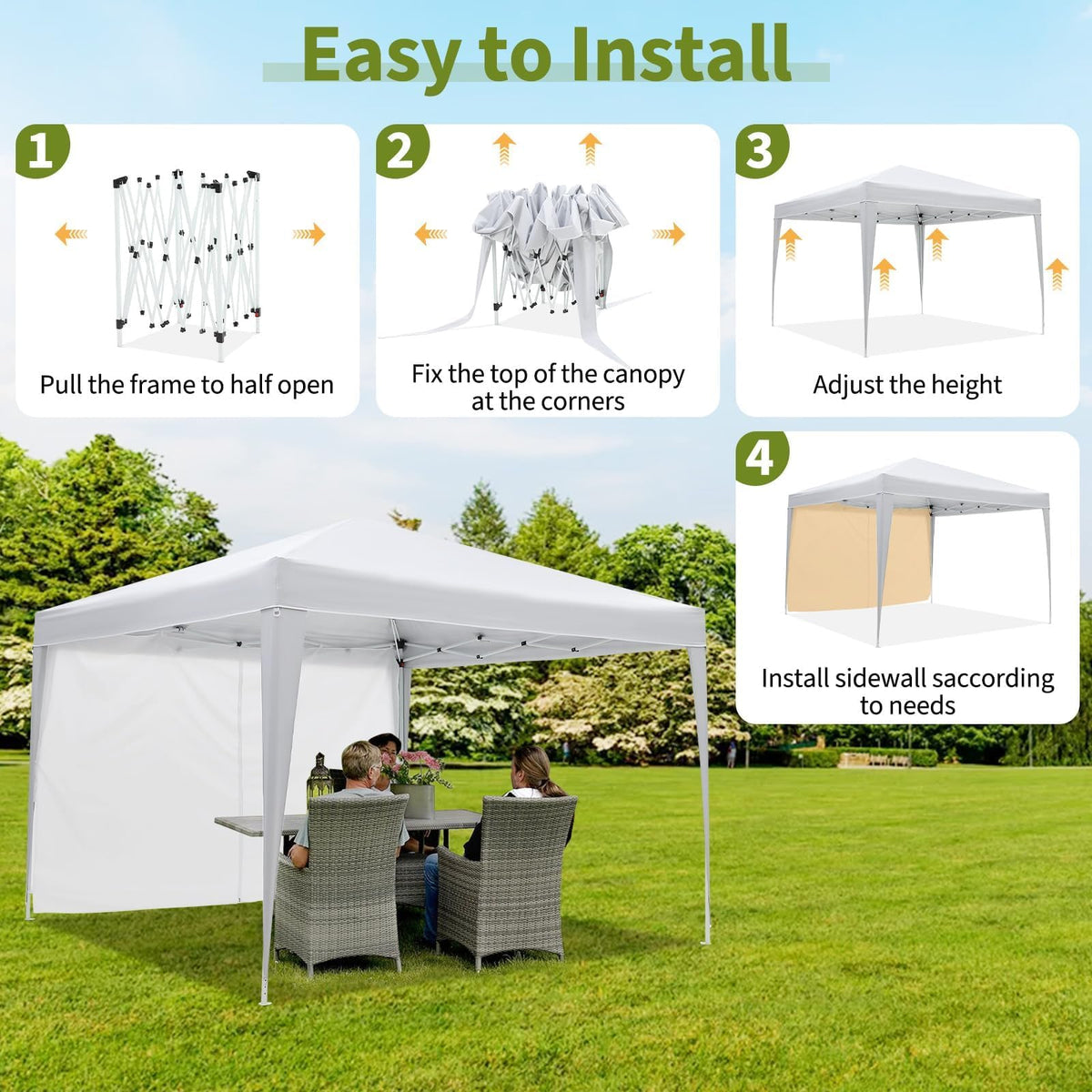 White 10x10 Pop-Up Canopy Tent with 4 Sidewalls – Portable Instant Shelter, Waterproof Outdoor Gazebo for Camping, Parties, Backyard & Beach Activities