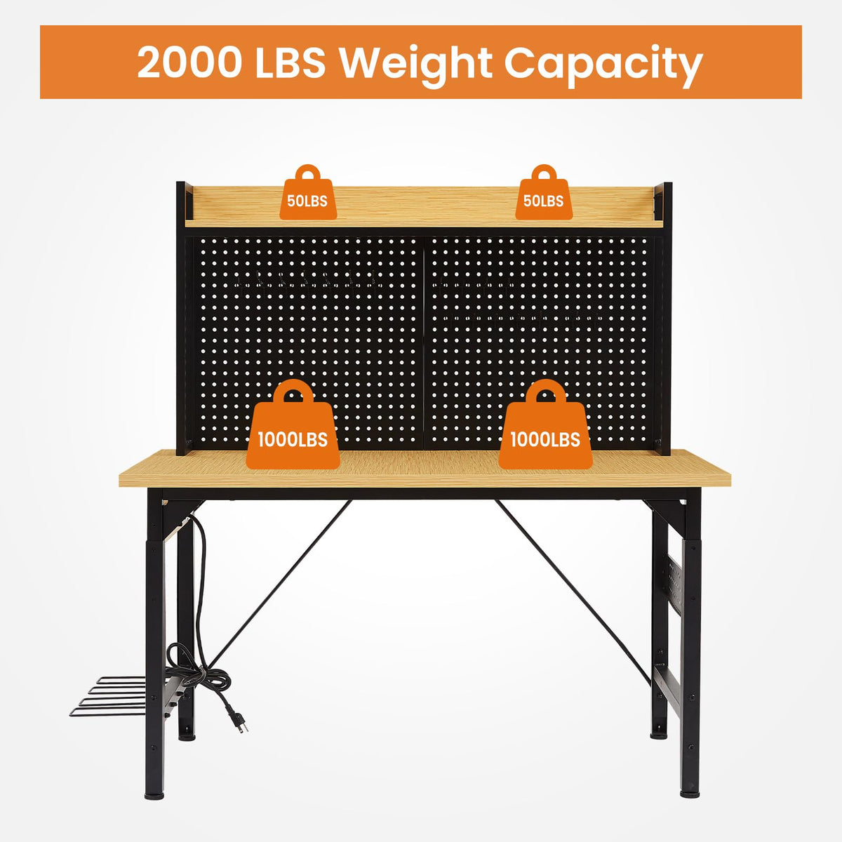 KEIKI 48 Inch Adjustable Workbench with Pegboard and Outlets, Heavy Duty Rolling Work Bench with Wheels, Wooden Desktop Shelf Hooks, 2000 lbs Capacity for Garage Workshop Home, Yellow Black