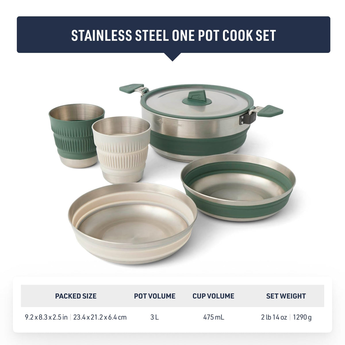 Sea to Summit Detour Stainless Steel One Pot Cook Set for Two (3 Liter Pot, 2 Large Bowls, 2 Mugs)