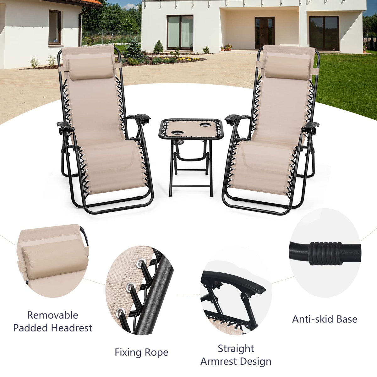HAPPYGRILL Zero Gravity Lounge Chairs Set with Coffee Table, Folding Reclining Chairs with Side Table and Pillow, 3 Pieces Adjustable Patio Lawn Recliner Set for Outdoor Garden Camp Travel