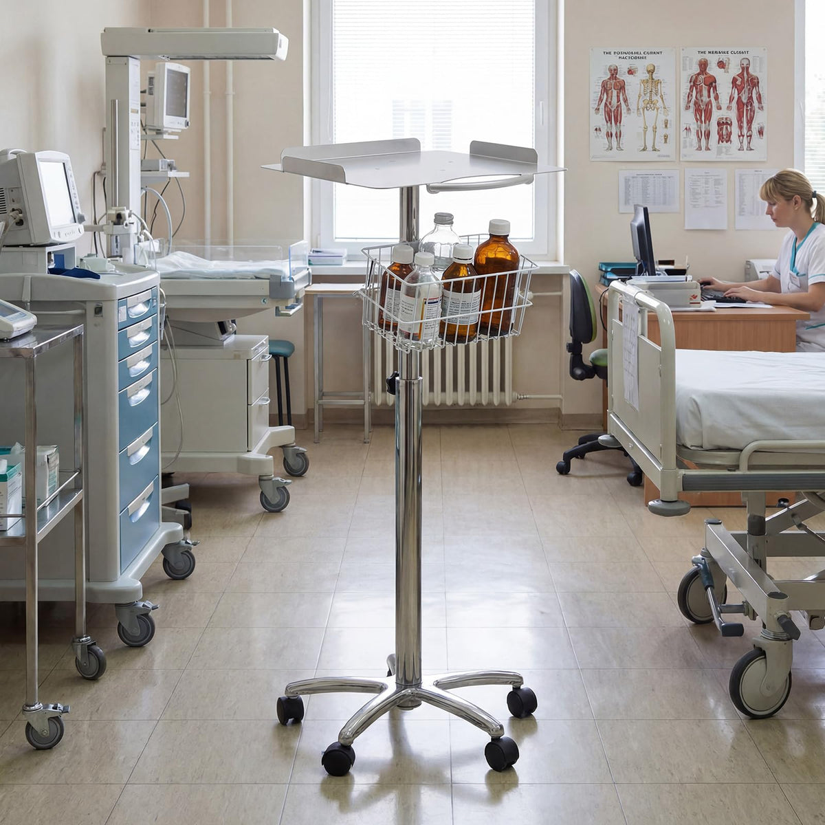 DaisyInner Adjustable Mobile Medical Cart with Wheels, Load up to 33 Lbs, Laptop Rolling Cart with Storage Basket 16.5" x 16.7" Large Tabletop Medical Trolley Workstation for Hospital, Lab Use(Frame)
