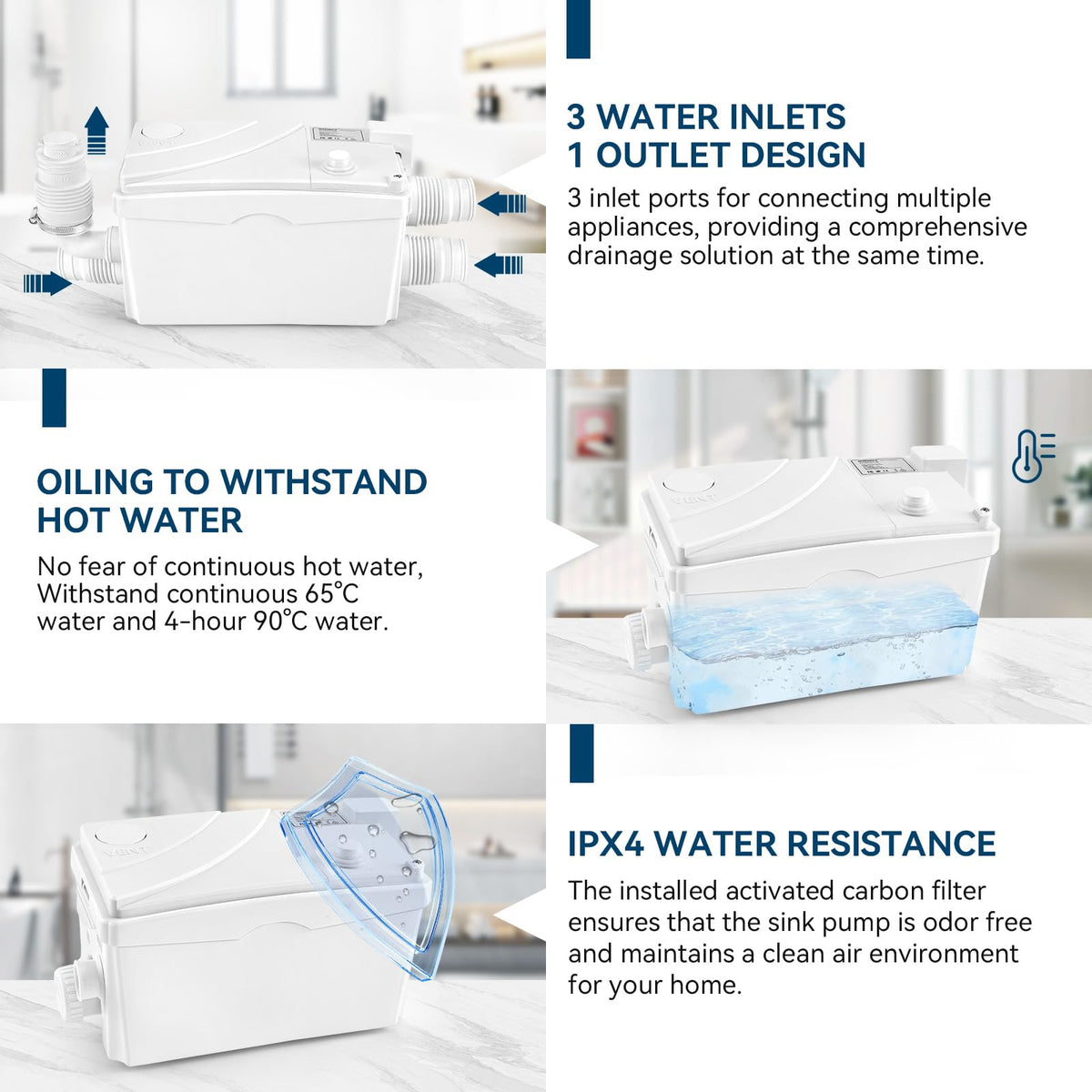 500W Utility Sink Pump with PCB Function Upgrade Structure Upflush to 23FT 1600GPH Under Sink Pump with 3 Water Inlets 1 Outlet Macerating Toilet System for Sink Shower Urinal Kitchen Basement