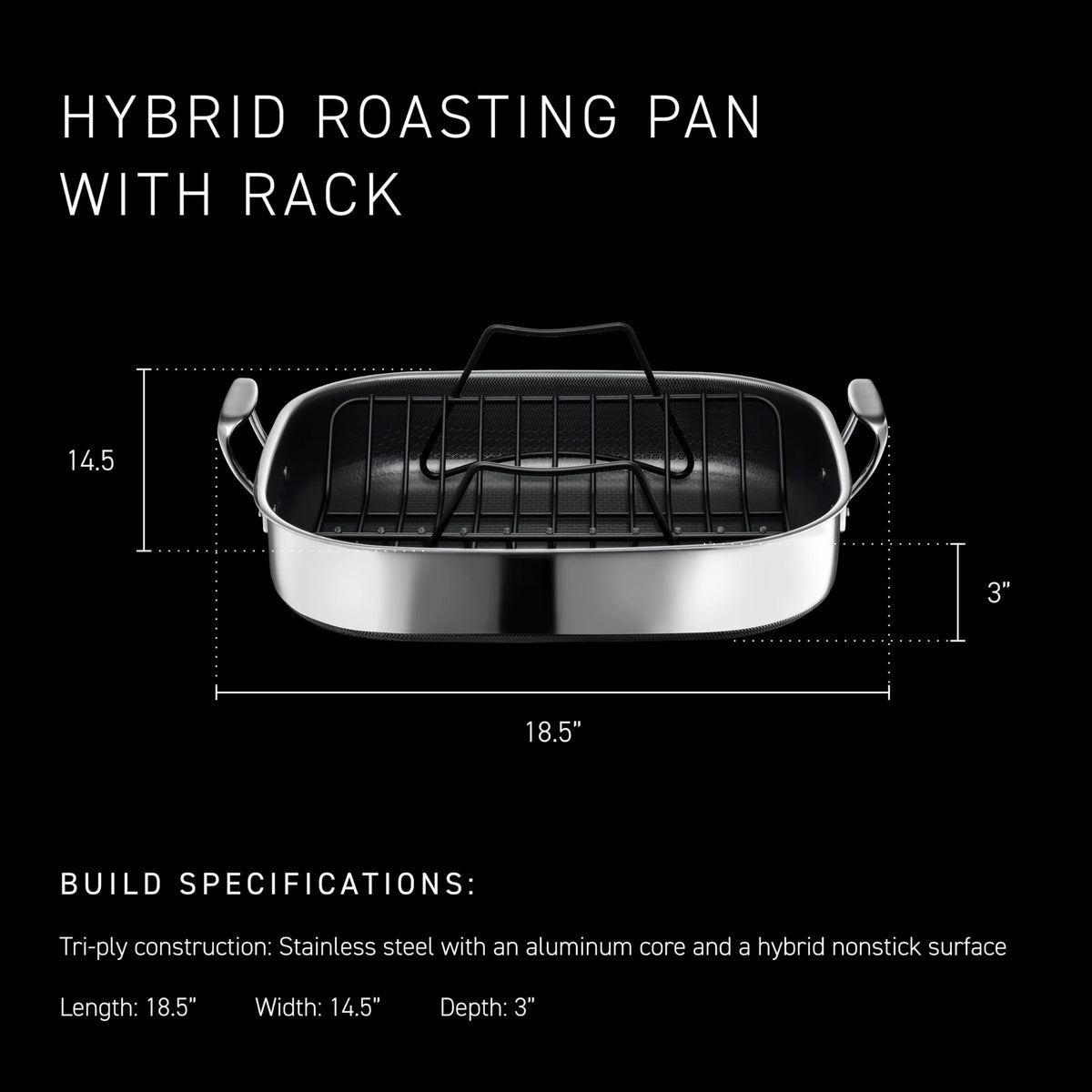 HexClad Hybrid 17 x 14 Inch Rectangular Nonstick Roasting Pan with Rack, Dishwasher-Friendly, Oven-Safe Up to 900°F, Compatible with All Cooktops
