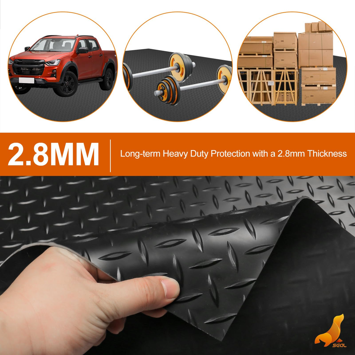 SEAL 5 x 20 FT Premium Garage Floor Mat, Solid 2.8mm Thick Lay-Flat Black Commercial Grade Heavy Duty Parking Mat for Golf Cart, Workbench, ATV, Water/Stain Resistant Runner (Embossed Diamond Plate)