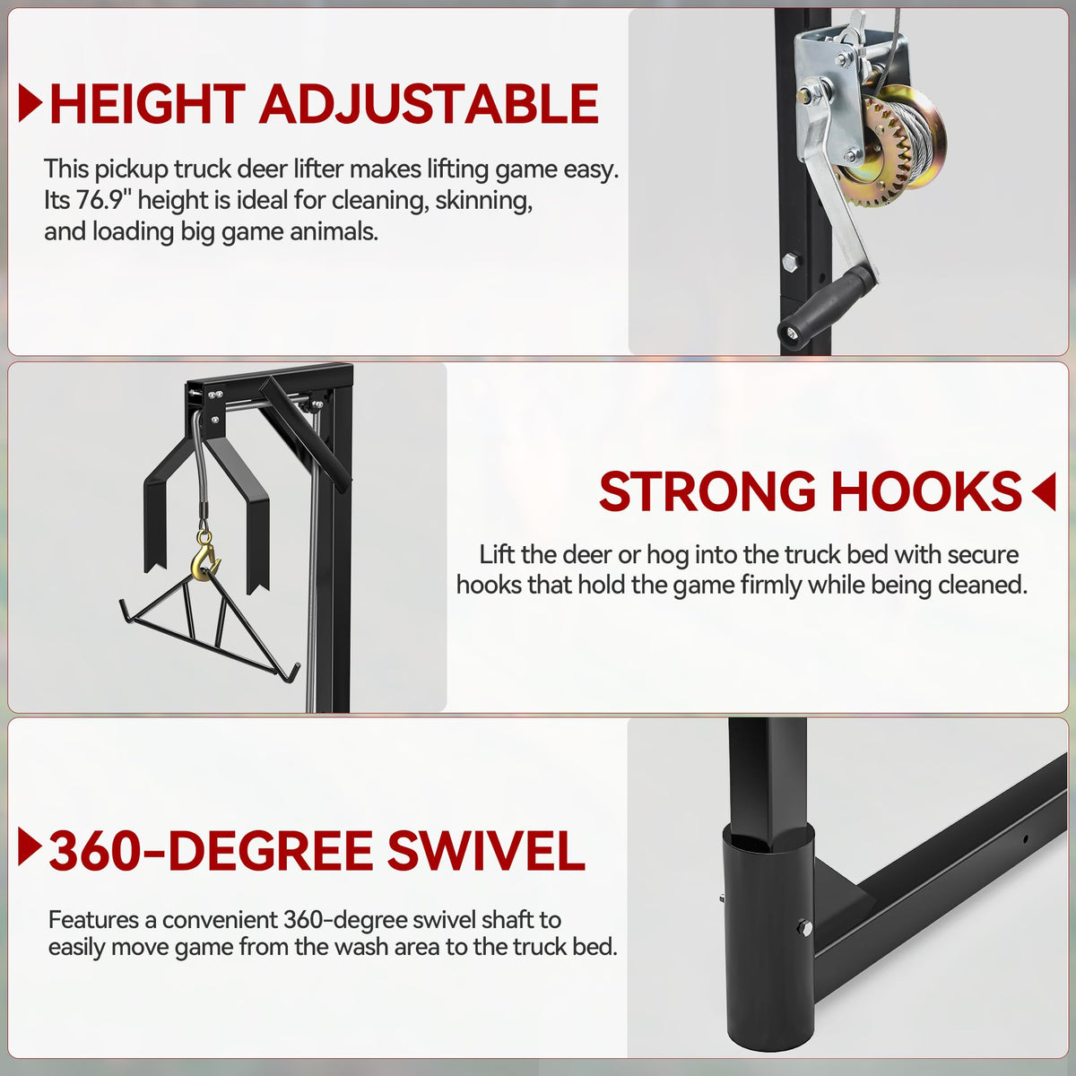 YITAMOTOR Truck Hitch Game Hoist with 2" Receiver, 500LB Game Hunting Deer Hoist, Includes Gambrel Winch for Skinning & Cleaning Game, Winch Lift Gambrel Set 360 Degree Swivel Hitch Mounted,Black
