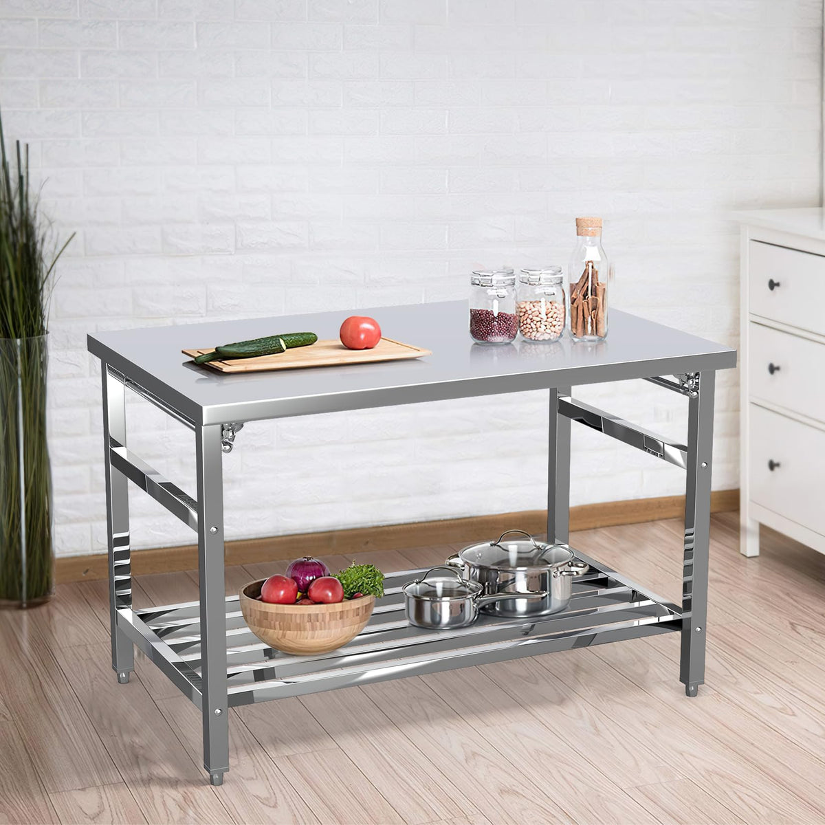 GlowSol Stainless Steel Prep Table 48 x 24 Inch, NSF Commercial Heavy Duty Stainless Steel Work Folding Table with Undershelf, Kitchen Island, Laundry Folding Table, Outdoor Cooking Table, Silver