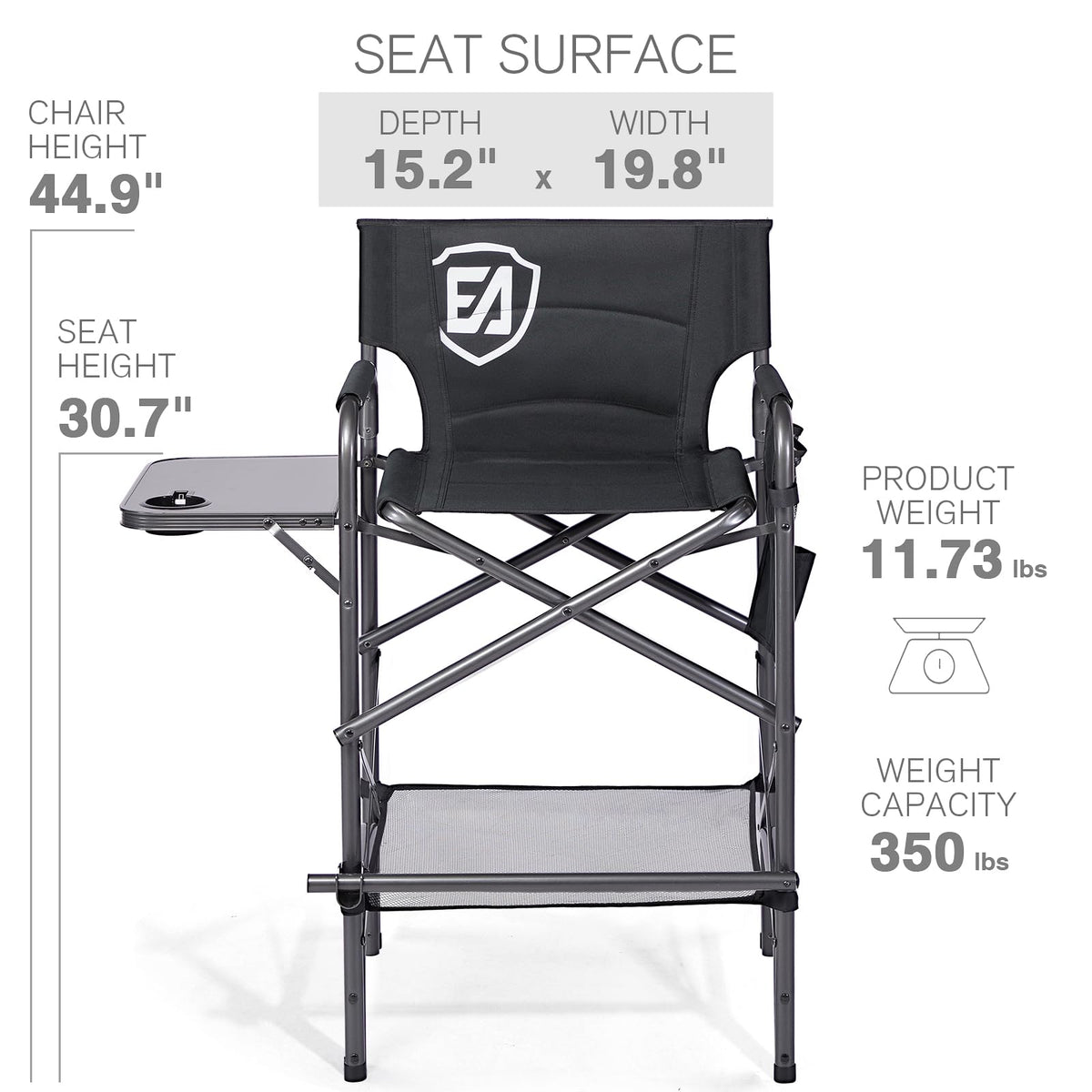 EVER ADVANCED 30.7" Seat Height Directors Chair for Makeup Artist with Side Table Easy Get in Out for Elderly Tall Camping Chair Supports 350lbs Black