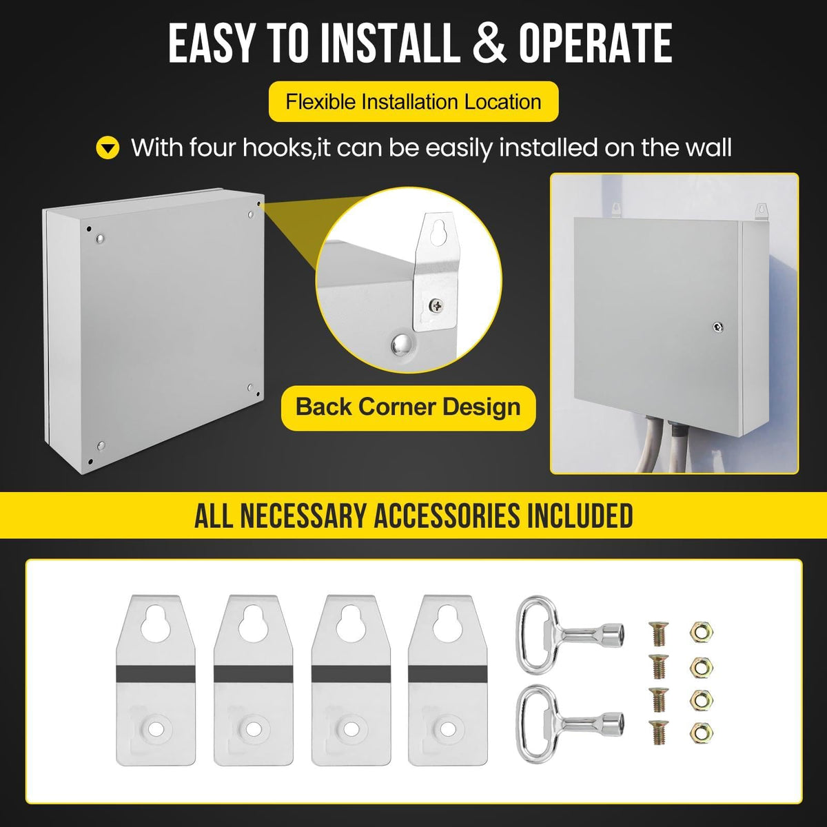 Outdoor Electrical Box,24 x 24 x8 NEMA 4X Steel Junction Box,IP66 Waterproof & Dustproof Electrical Enclosure Box,Outdoor/Indoor Electrical Project Box with Lock & Mounting Plate