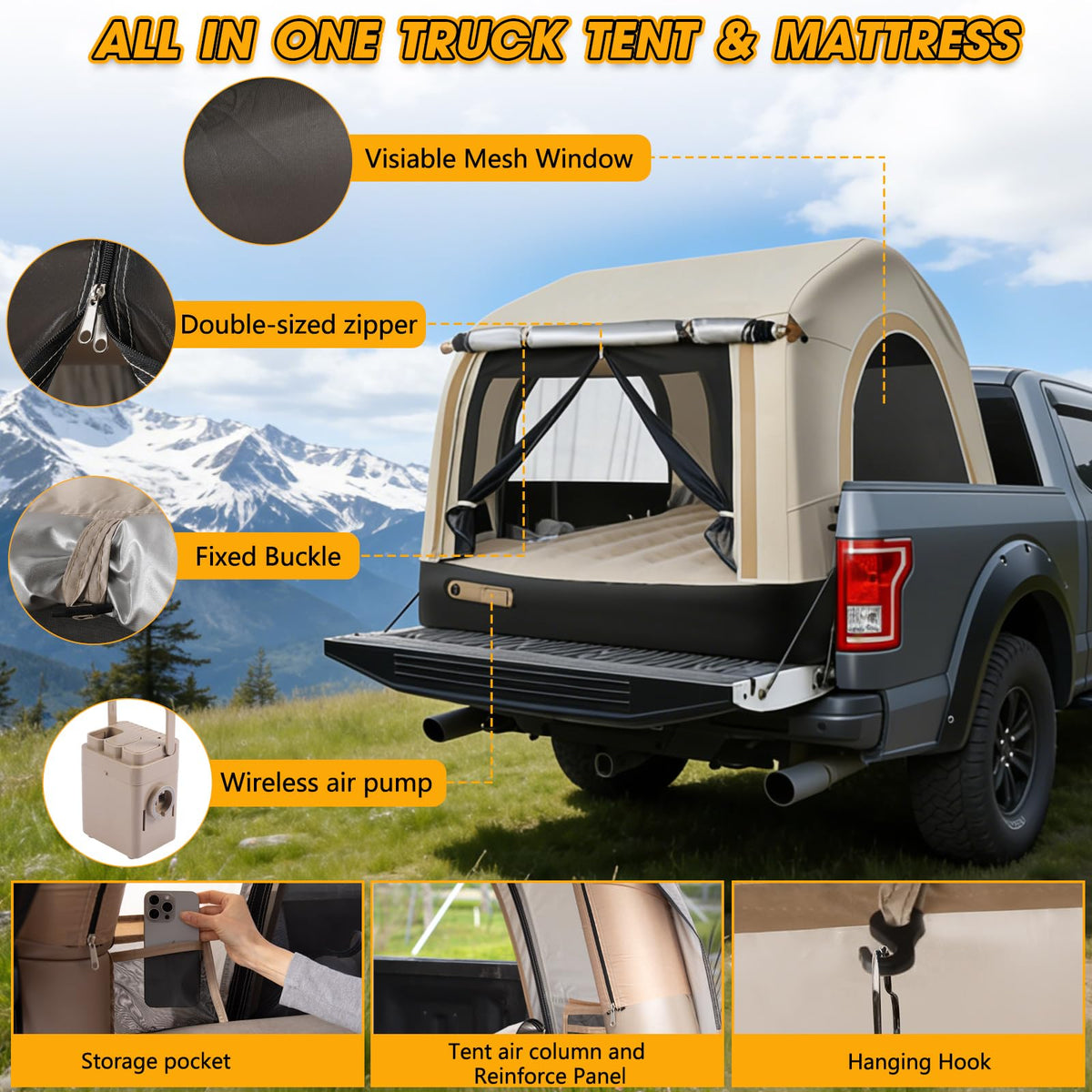TIPHOPE All-in-One Inflatable Truck Bed Tent with Mattress for 5.5-6.5FT,Built in Wireless Rechargeable Air Pump,3 Mins Fast Setup,Waterproof PU 2000MM Pickup Truck Tent for Camping Road Trip