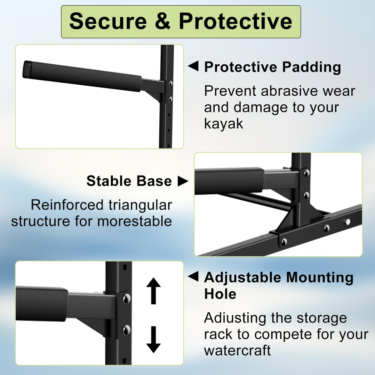 FitiRoker 3-Tier Freestanding Kayak Storage Rack, Steel Storage Stand with Adjustable Padded Arms for Kayaks, Canoes, Surfboards and Paddleboards, Indoor Outdoor Garage Organizer