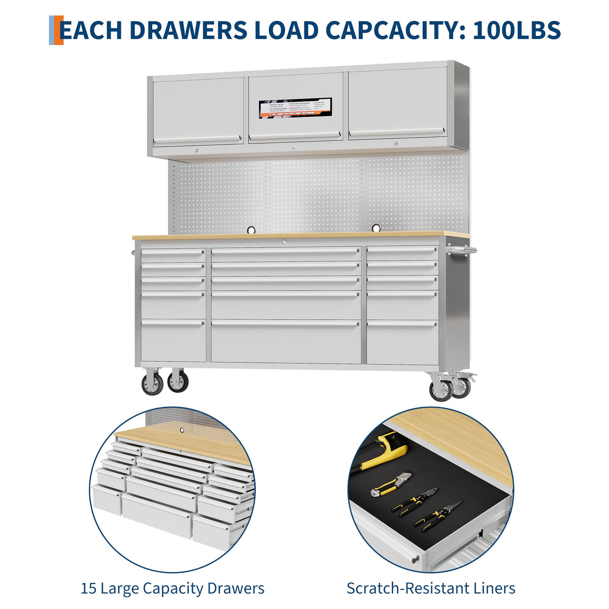 Garvee 72 Inch Rolling Tool Chest Workbench with Solid Wood Top, 15 Drawer Lockable Tool Storage Cabinet on Wheels, Heavy Duty Mobile Tool Box Cart for Garage, Workshop and Repair Shop