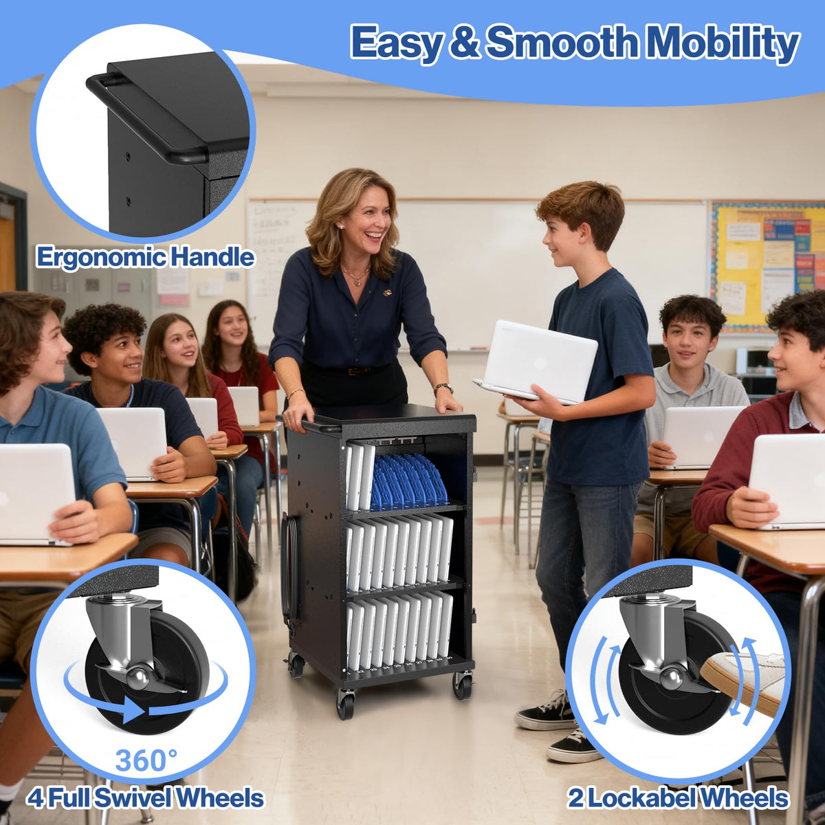 30 Unit Device Charging Station for Chromebook, iPad, 14'' Laptop - Charging Cart with Charger Cable Management, Circuit Breaker, Grounding Protection, Assembly Required