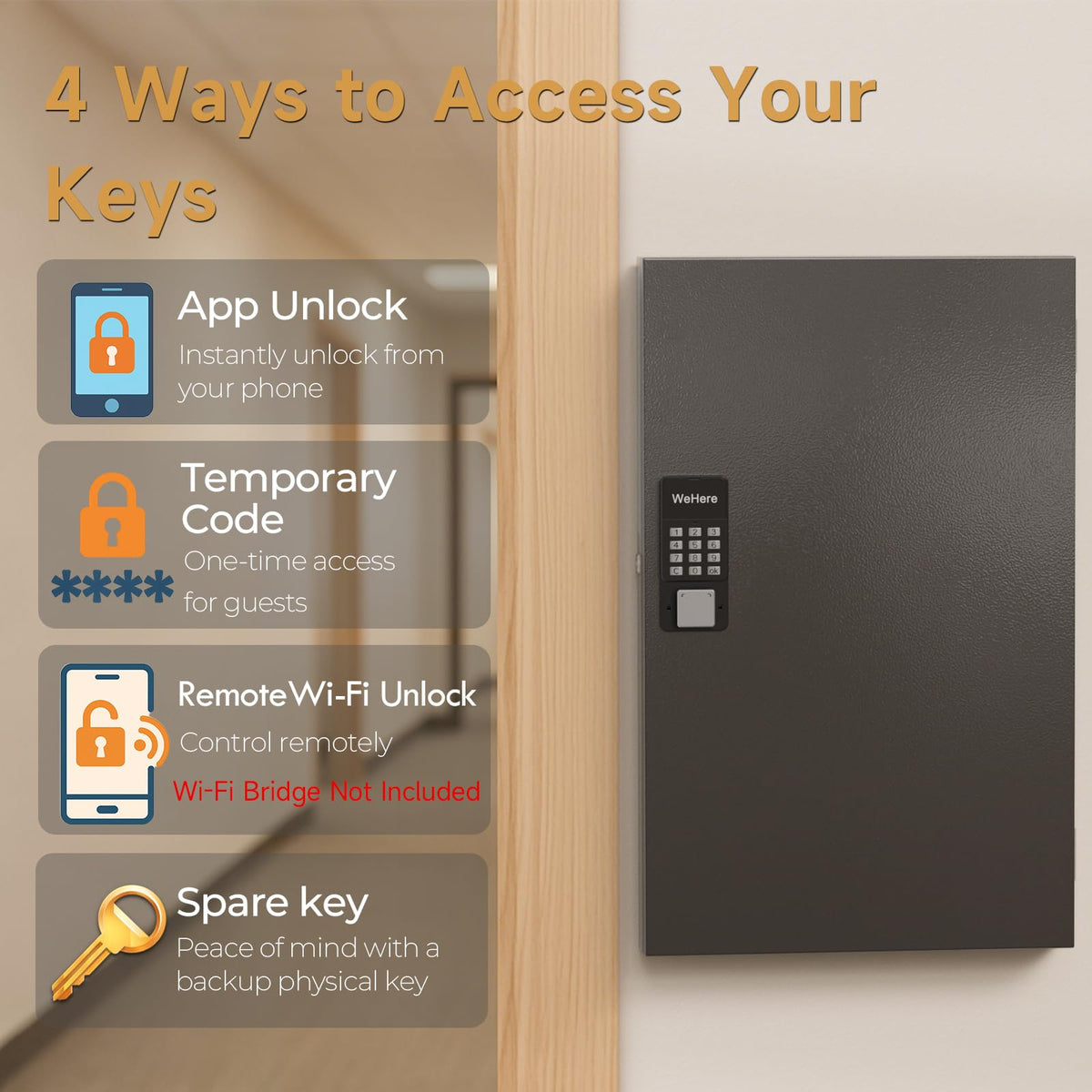 DiDiHere 96-Key Key Lock Box Wall Mount, Smart Key Management Cabinet with App, Key Access Log Tracking, Digital Keypad, Bluetooth & WiFi Unlock (Sold Separately) for School, Office, Business