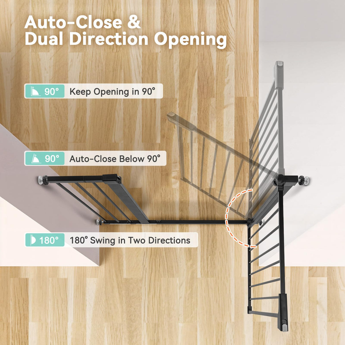 COMOMY 36" Extra Tall Baby Gate for Stairs and Doorways - Fits 29.5" to 48.8" Wide Openings, Auto Close Extra Wide Dog Gate for House, Pressure Mounted Easy Walk Through Pet With Door, Black