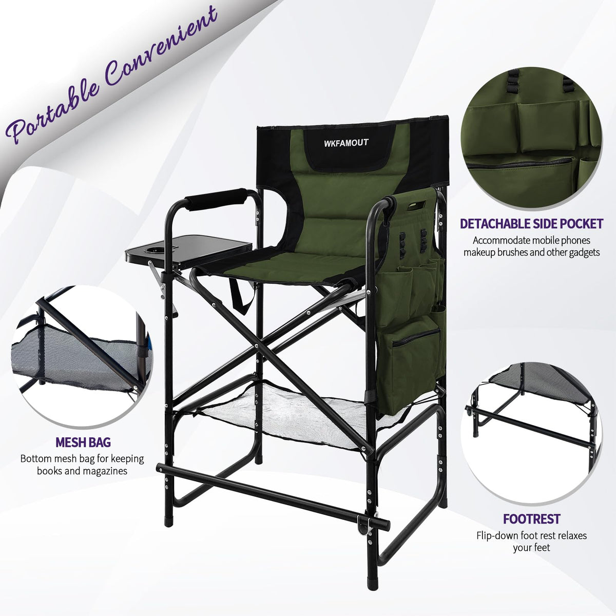 WKFAMOUT Tall Folding Directors Chair with Side Table 30.71" Seat Height Foldable Camping Chair Bar Stool for Makeup Artist Face Painting with Footrest and Storage Pocket Supports 350LBS