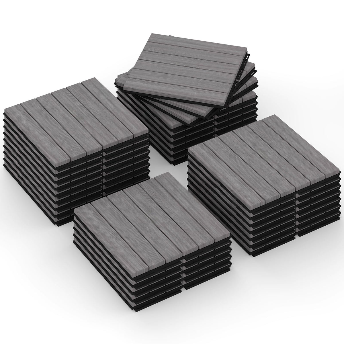Rovibek Acacia Wood Interlocking Deck Tiles, 30PCS 12"x12" Outdoor Waterproof Decking Tiles, All Weather Use for Balcony Patio Backyard Poolside, Indoor & Outdoor, Striped Gray