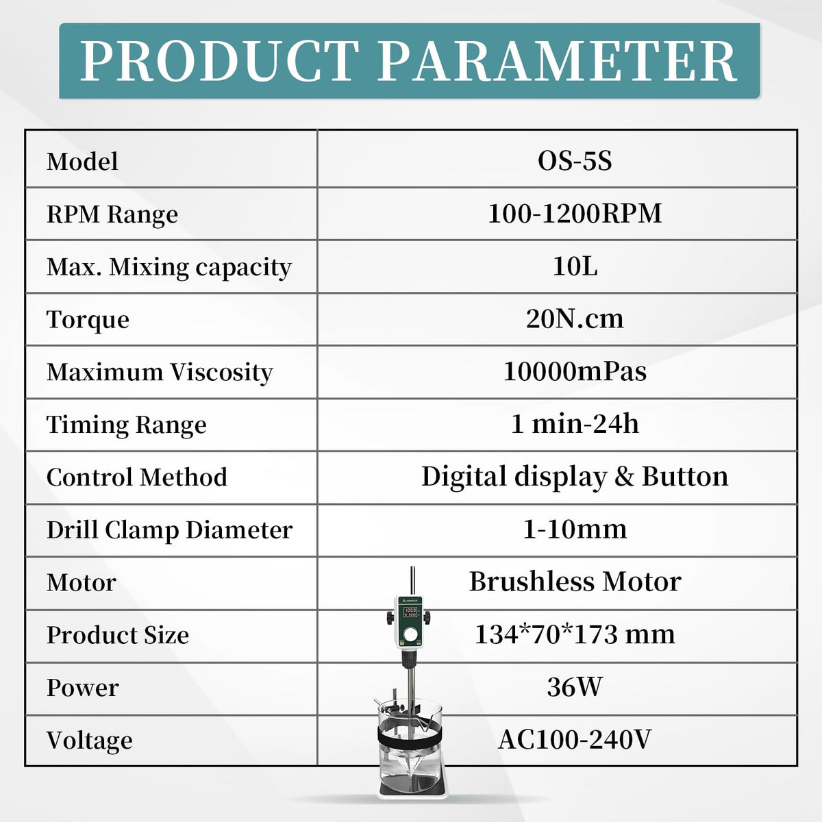 LABHOUSE OS-5S Digital Overhead Stirrer 10L(H₂O) Lab Stirrer Flat-Base Stainless Steel Stand & 2 Stirring Paddles & Beaker Holder | 100-1200RPM,10000 mPas,Timing 1min-24h