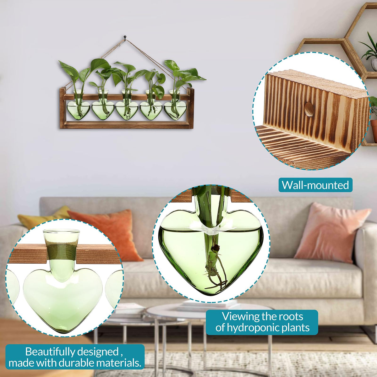 Plant Terrarium Hanging Propagation Stations Gift for Women Air Plants Holder with Wooden Stand Heart Glass