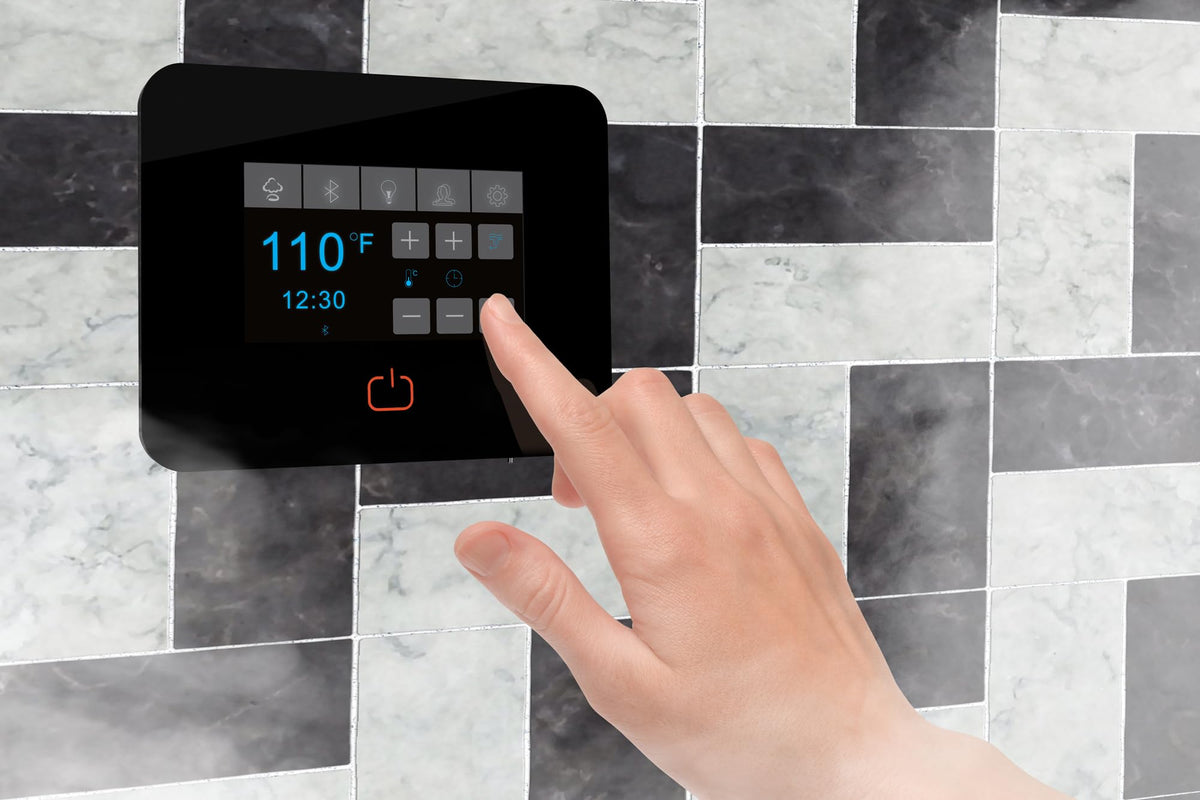SaunaSpa Builders Series 10.5kW Steam Bath Generator with Quickstart Continuous Steam, Black Digital Touch Pad, Built-in Auto-Drain, and Aroma Steamhead in Matte Black