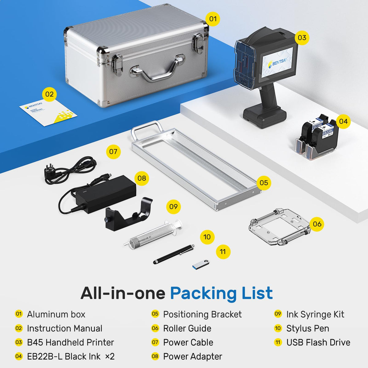 BENTSAI B45 Handheld Inkjet Printer with 2 Inch Print Height for High Definition Batch Coding EXP Date Marking Product Labeling on Carton Wood Plastic Metal Fabric Glass Aluminum