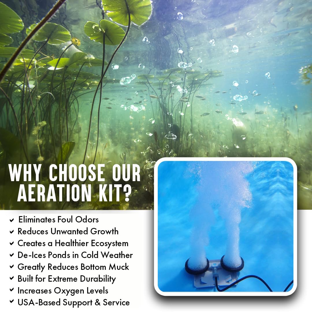 Half Off Ponds Pro Aeration System MAX - Dual 1 HP Pond Aerator Pumps for Up to 5 Acres - 120V Electric Compressors, 4 Double 10" Diffusers and 400' Weighted Tubing