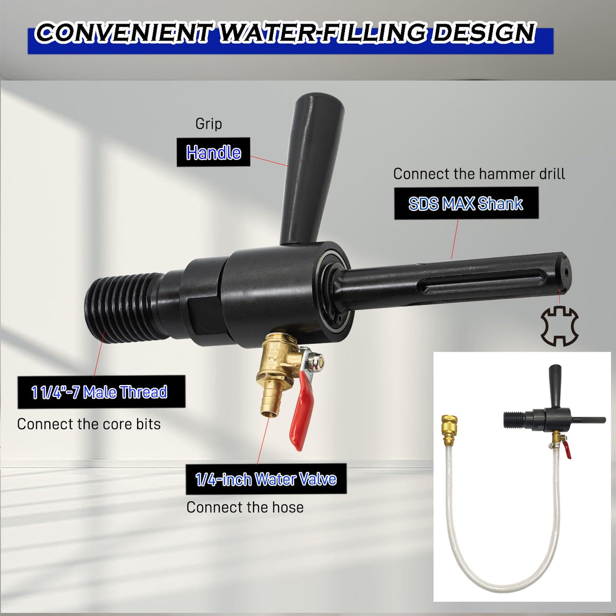DaduoRi 7" Wet Core Drill Bit with Water Injection Capable Adapter for SDS Max Shank - Includes Solid Brass Quick Connector and Hose - Convenient 1 1/4"-7 Thread Core Bit with Water Feed Design
