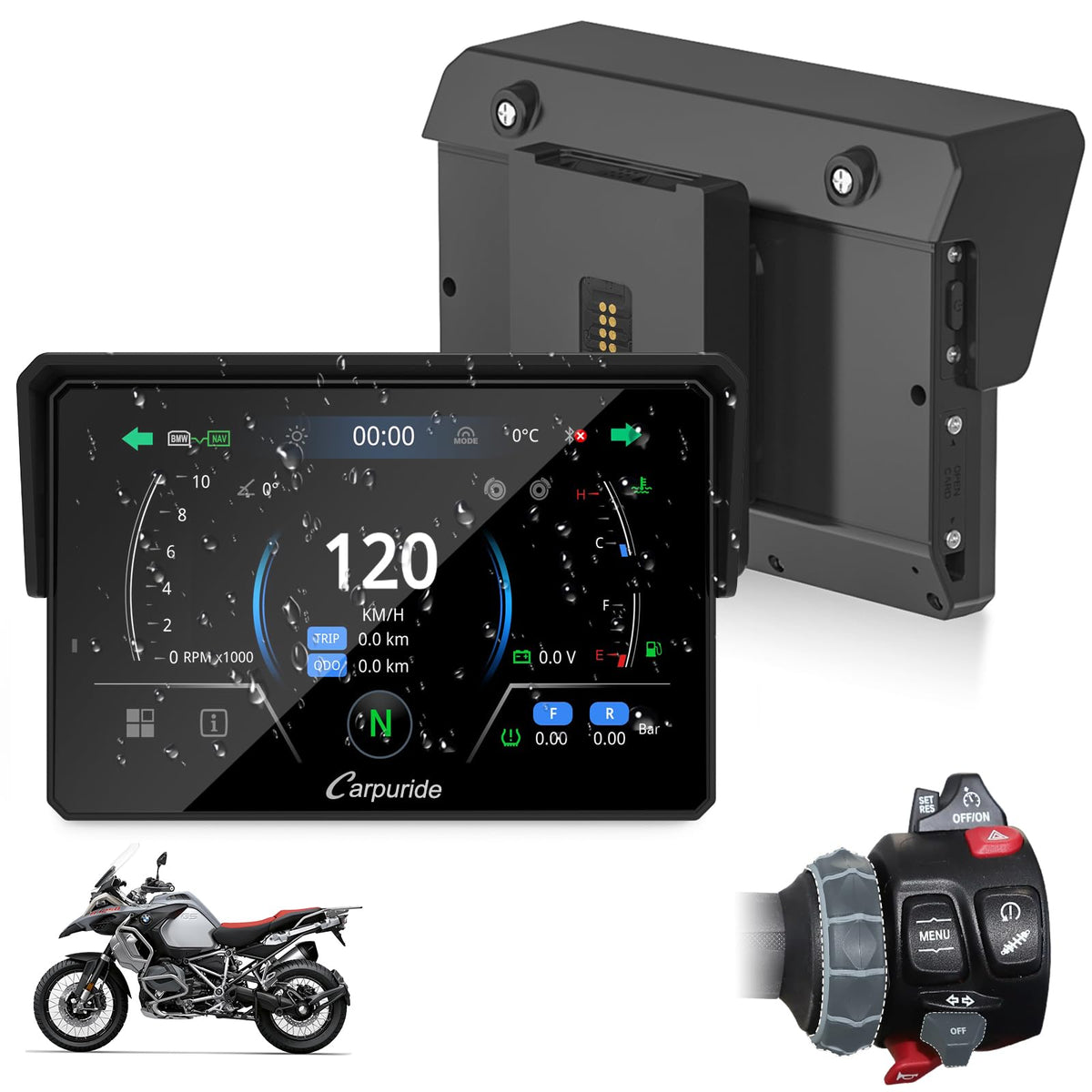 CARPURIDE W502BS for BMW Motorcycle CarPlay & Android Auto Dual Bluetooth, 5" Waterproof GPS Navigation Screen, Data Reading, Native Wonder, TPMS, Light Sensor, Music Sharing, Intercom, 16-Pin