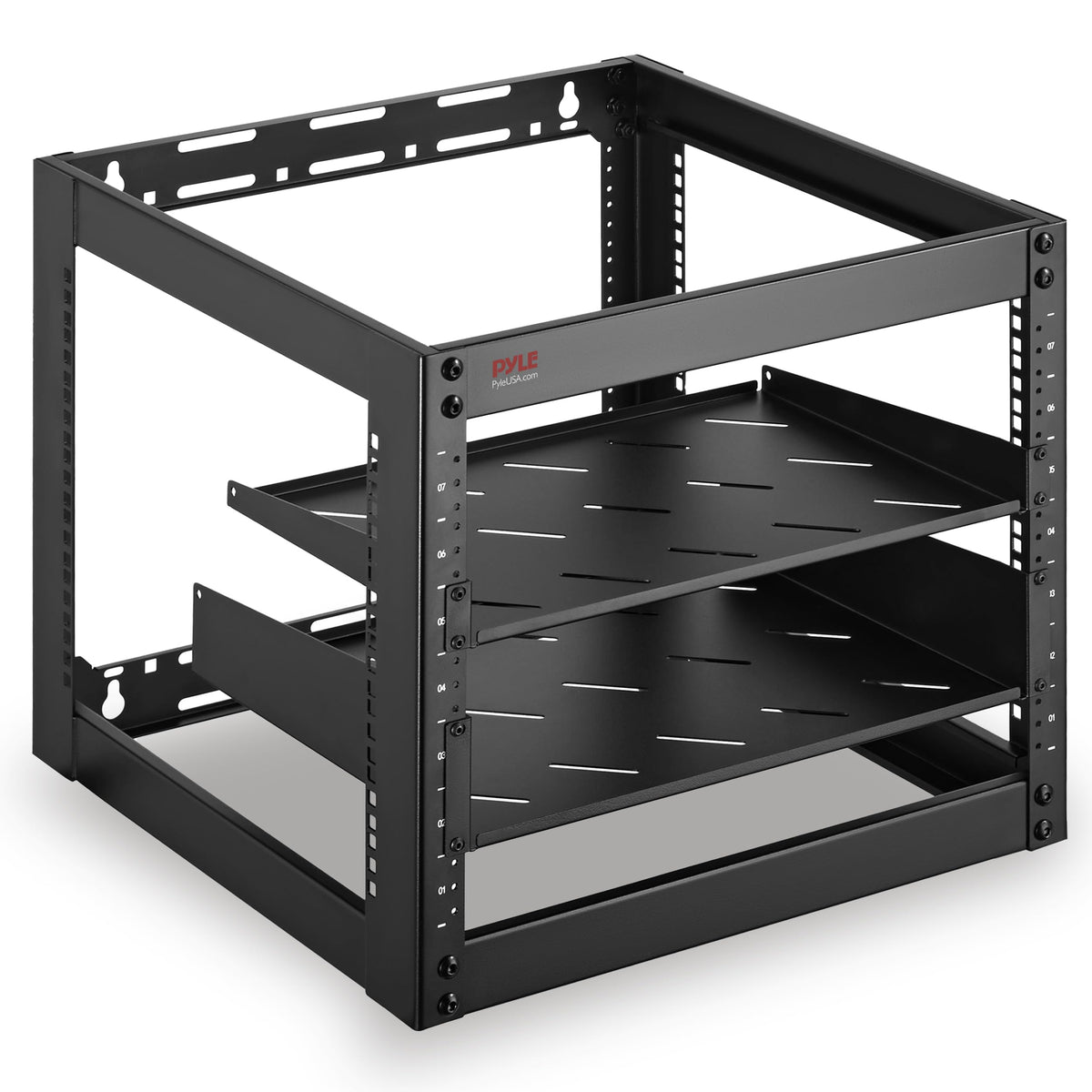 Pyle 10U Network Cabinet - Enclosed Wall Mount Server Rack w/Fan, Lockable Door, Heavy-Duty Wheels, Steel Construction, Vented Shelves, Easy Access, 19" Equipment Compatible, 20 x 20 x 17 in (Black)