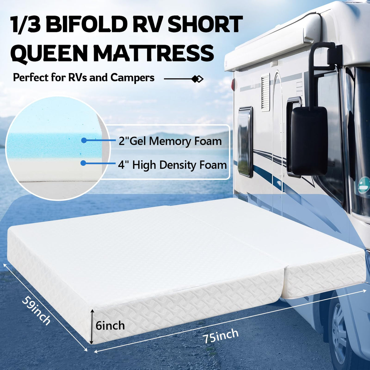 Novabright 1/3 Folding RV Short Queen Mattress, 75" × 59" × 6" Bifold Memory Foam Mattress with High Resilience Support, Breathable Cover & Zipper Non-Slip Bottom for RV Camper Trailers