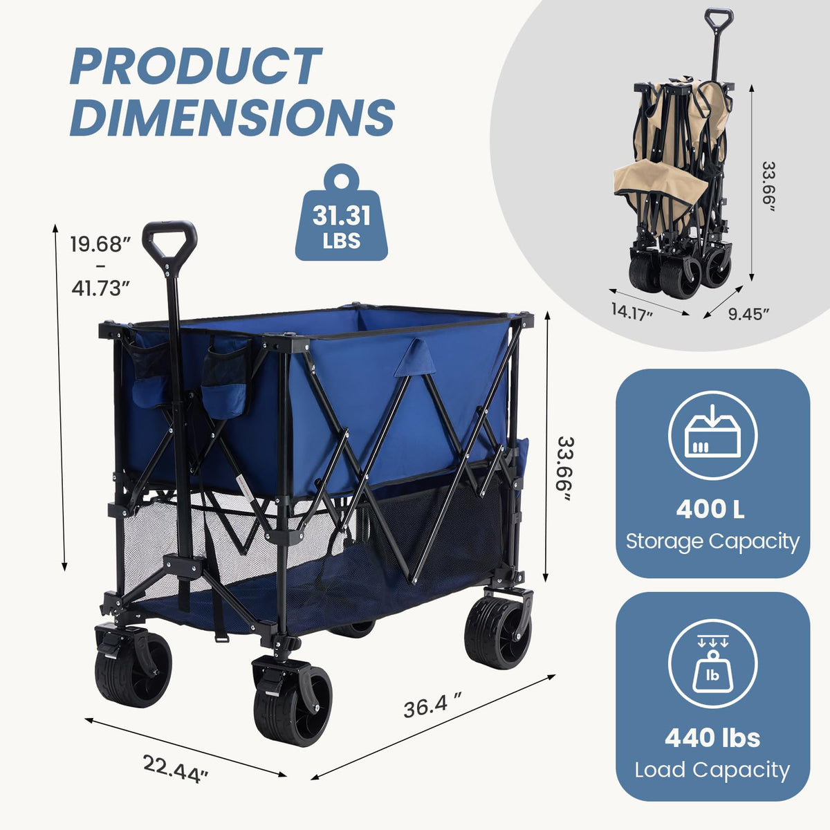 NEWBULIG Large Capacity Folding Double Decker Wagon with Brakes, 440lbs Wagons Carts Foldable Wagon Cart with Flexible Handle, All-Terrain Big Wheels for Grocery Sports Garden Camping
