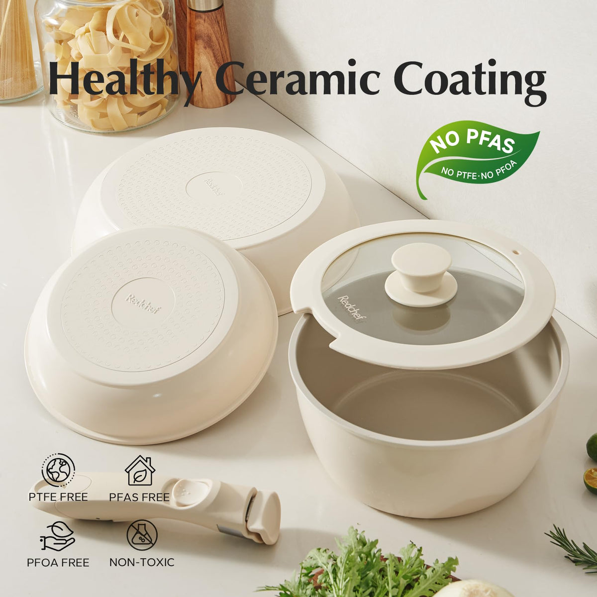 RedChef Ceramic Pots and Pans Set, Nonstick Kitchen Cookware with Detachable Handle, 22pcs, PFAS, PFOA & PTFE Free, RV Ceramic Cookware for Camping, Dishwasher & Oven Safe