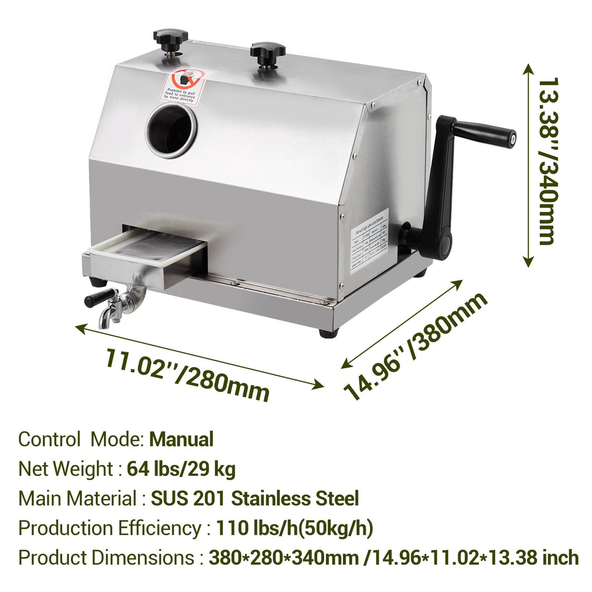 Commercial Grade Manual Sugar Cane Juicer with Stainless Steel 3-Rollers,2.4" Large Inlet, 110 LBS/Hour High Output Sugarcane Press Machine for Juice Bars, Restaurants & Home Use, Durable