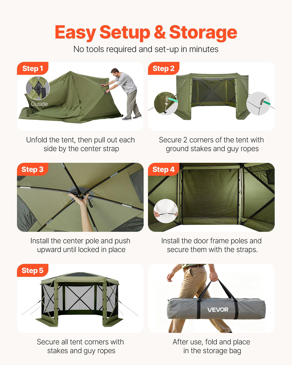 VEVOR Pop up Gazebo Screen Tent, 12 x 12 ft Large 6-Sided Camping Canopy Tent with Removable Top & Carry Bag, Quick-Set & Bite-Proof, Screen House Sun Shelter for 8-10 Persons Backyard Patio, Green