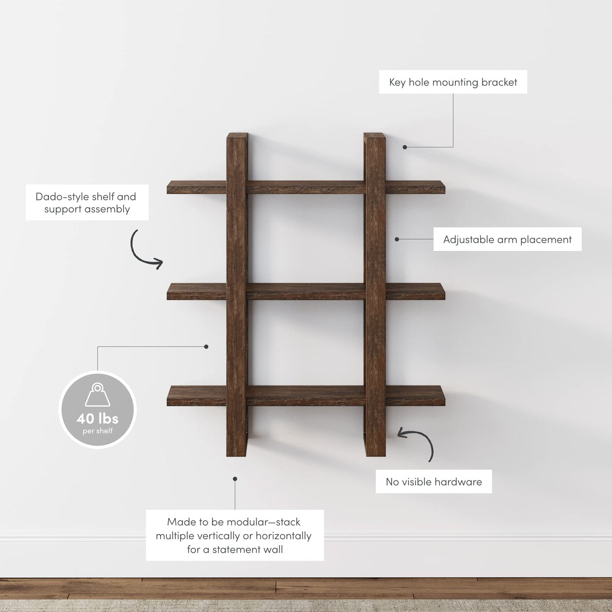 Nathan James Floating Wall Book Shelves, 3-Tier Display Shelf, Decorative Modular Shelf in Solid Wood for Bedroom, Nursery, Bathroom or Kitchen, Set of 2
