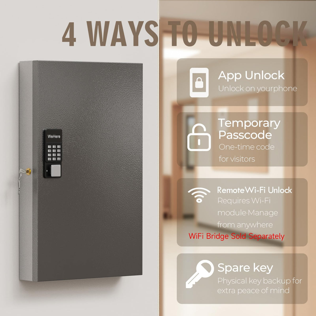 WeHere 192-Key Smart Key Lock Box with Key Management App(Track Key Borrow/Return), Keypad, Bluetooth & WiFi Unlock (Sold Separately), Wall-Mount Commercial Key Cabinet for School, Rental, Office