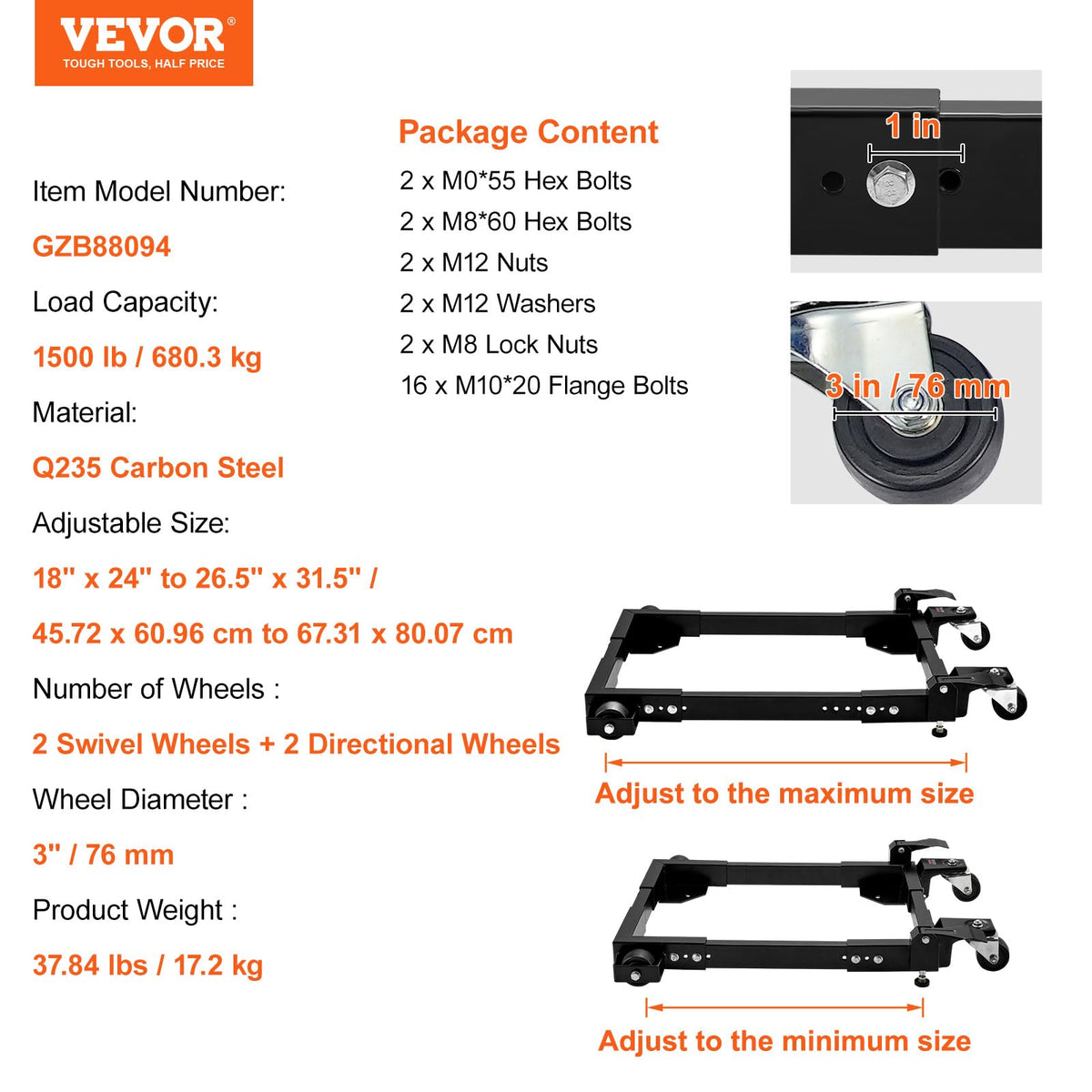VEVOR Mobile Base, 1500 lbs Capacity, Adjustable from 18" x 24" to 26.5" x 31.5", Heavy Duty Universal Mobile Base Stand with Swivel Wheels, for Woodworking Equipment, Bandsaw, Power Tools, Machines